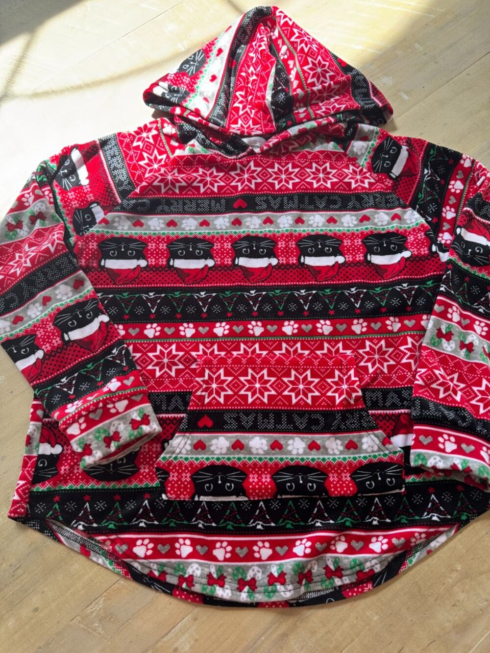 Christmas Meowry Catmas Fleece Hoodie | Black Cat Fair Isle Holiday Pullover
